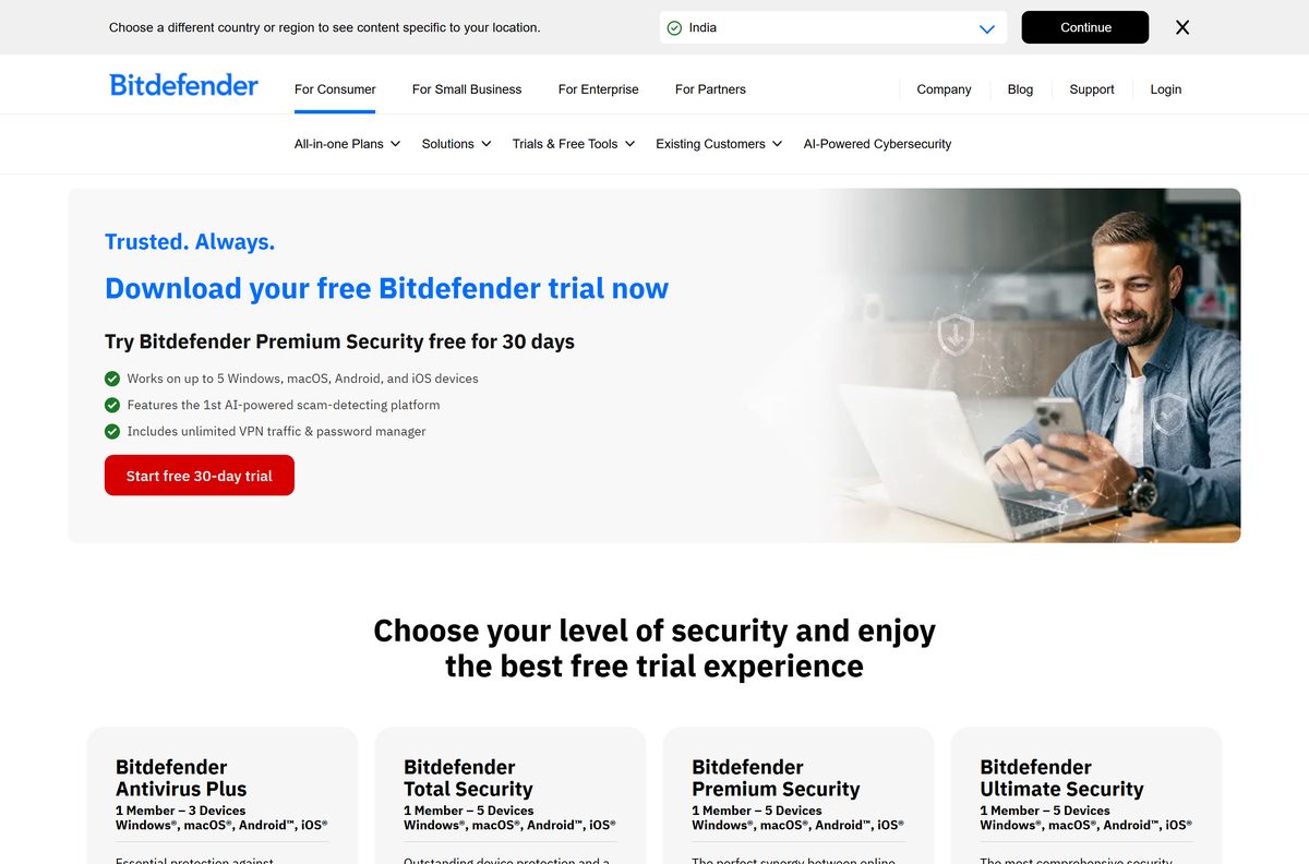 Bitdefender trial downloads page listing each product and its trial length
