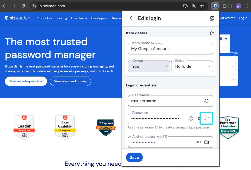 Bitwarden Edit login screen with the password regenerate icon highlighted