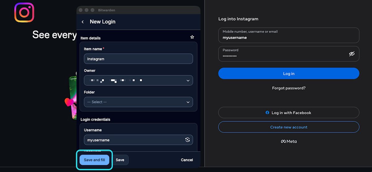 Bitwarden New Login form beside an Instagram sign-in page