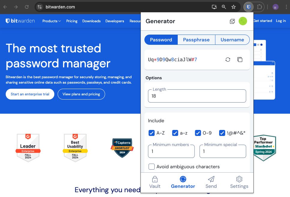 Bitwarden extension Generator tab open from the Chrome toolbar