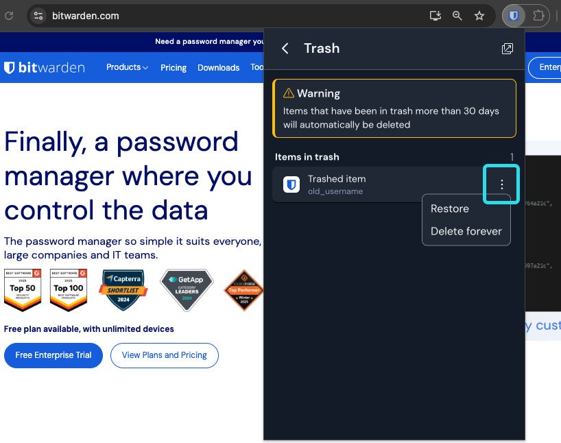 Bitwarden extension Trash view with Restore and Delete forever options