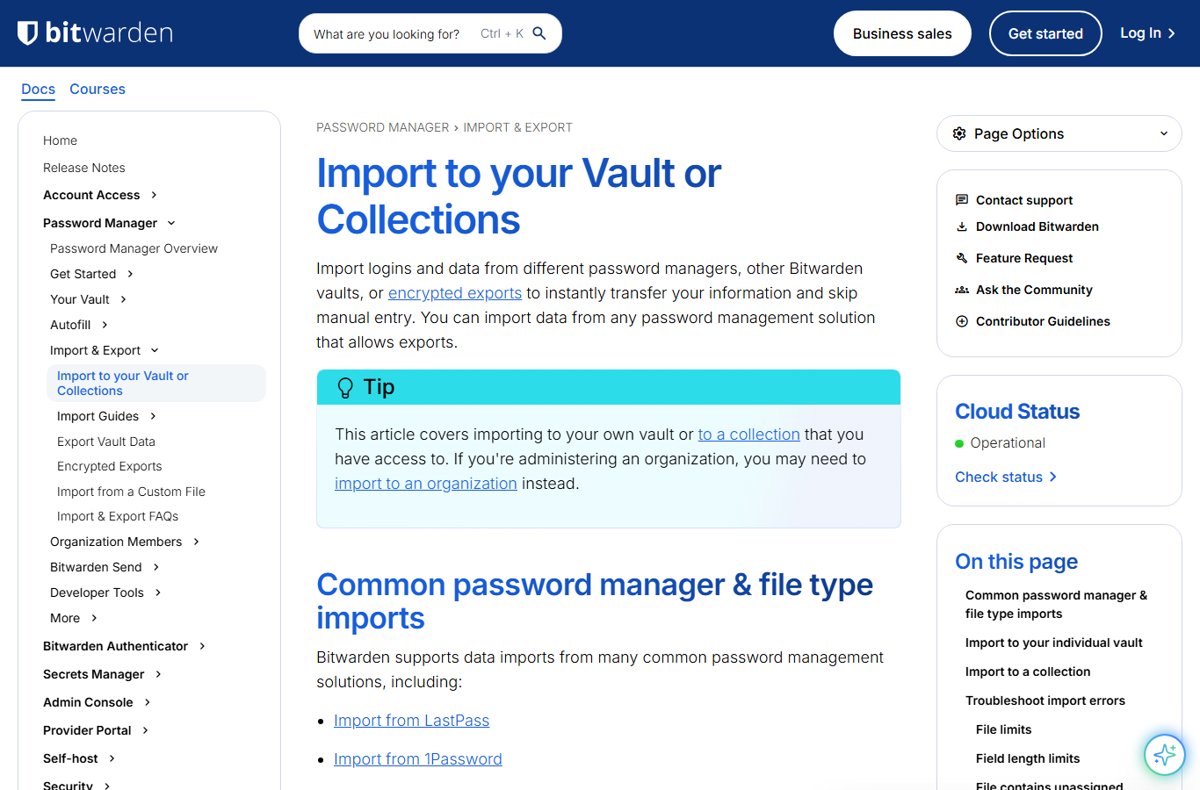 Bitwarden help page on importing data to a vault from other password managers