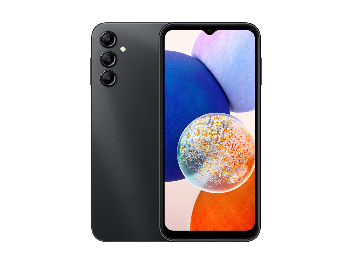 Black Galaxy A14 5G shown from the back and the front
