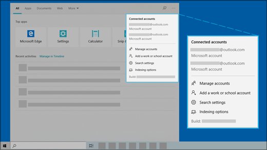 Blank taskbar search results: Connected accounts menu in the search panel