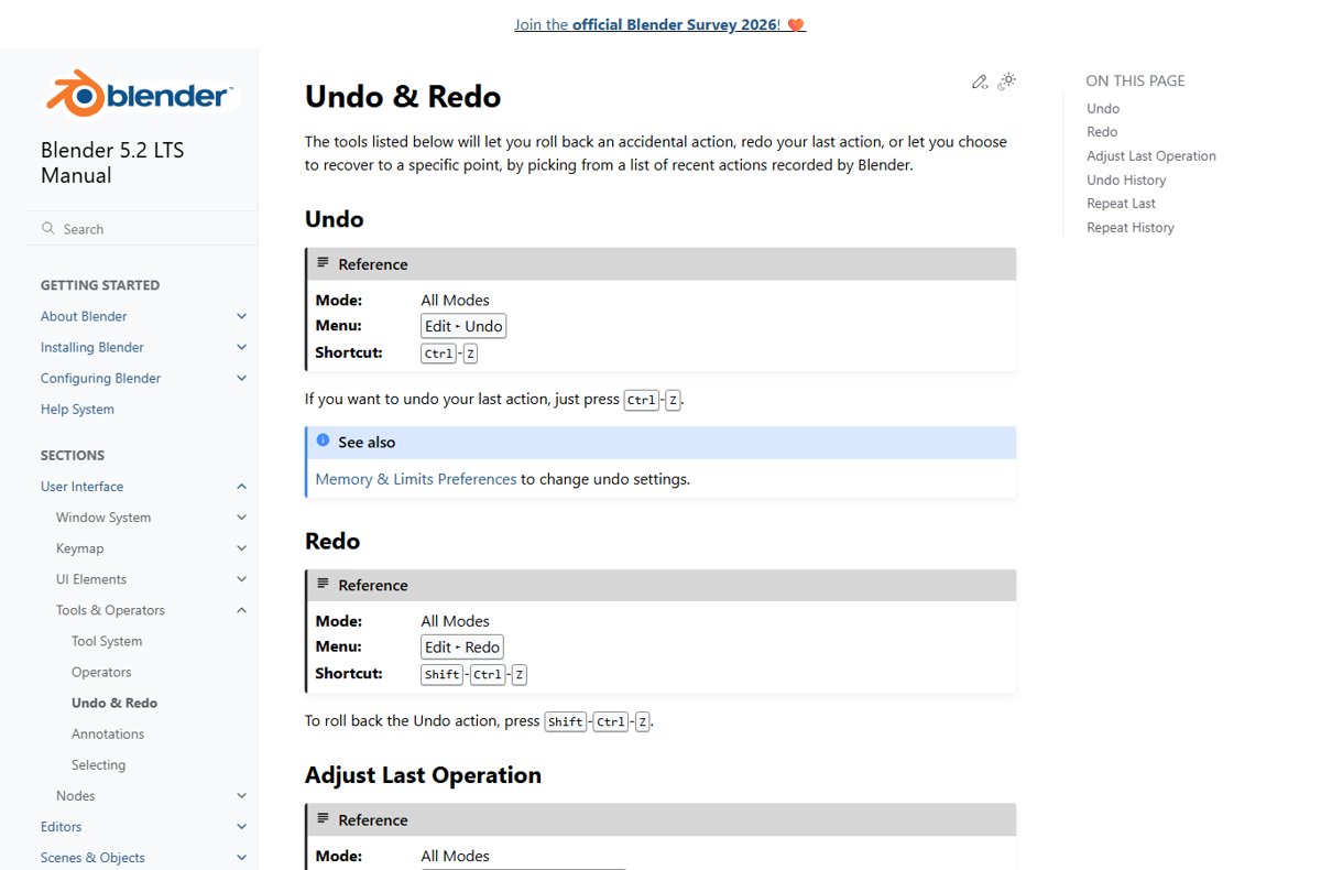 Blender manual Undo and Redo reference with Edit menu and shortcut keys
