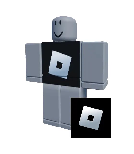 Blocky Roblox avatar wearing a classic T-shirt beside its square source image