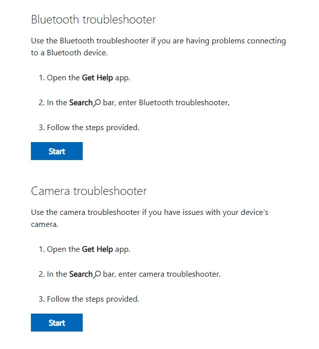 Bluetooth and camera troubleshooters in the Get Help app to get help in Windows 11