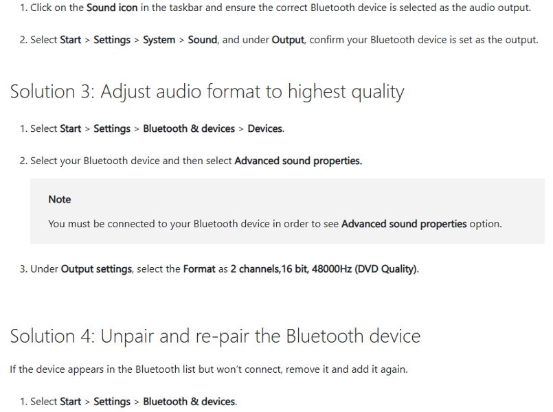 Bluetooth audio not working: set format to 2 channel 16 bit 48000 Hz