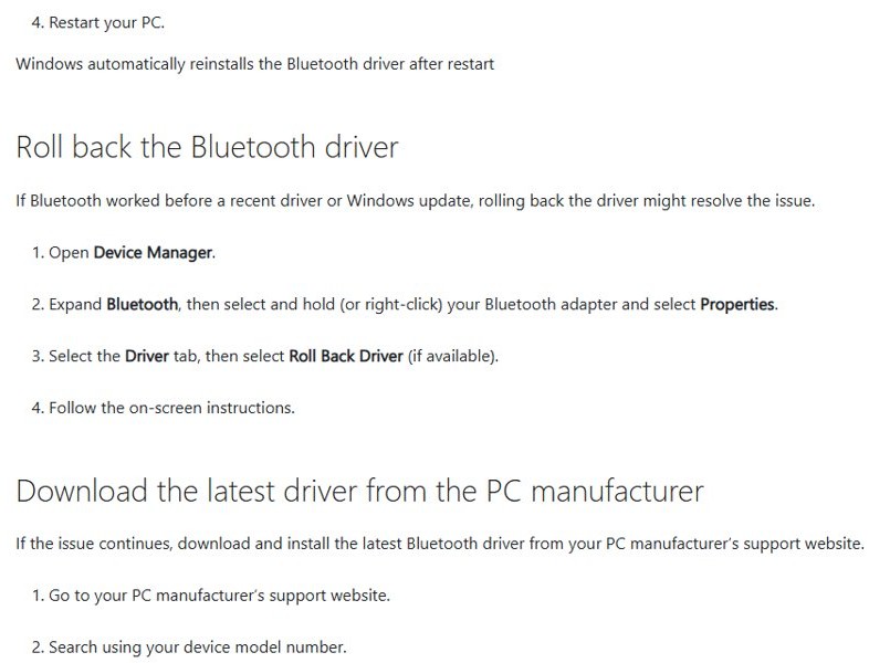 Bluetooth driver update in Windows: roll back or download from PC maker