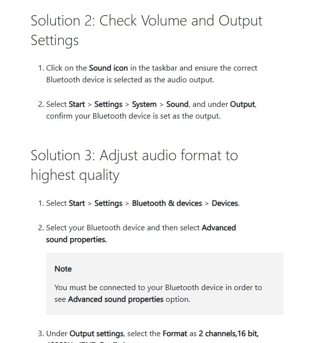 Bluetooth earbuds connected but no sound fix: output device and 2 channels 48000 Hz format