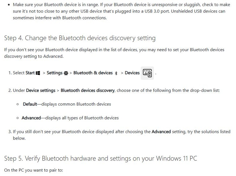 Bluetooth settings in Windows 11: set Bluetooth devices discovery to Advanced