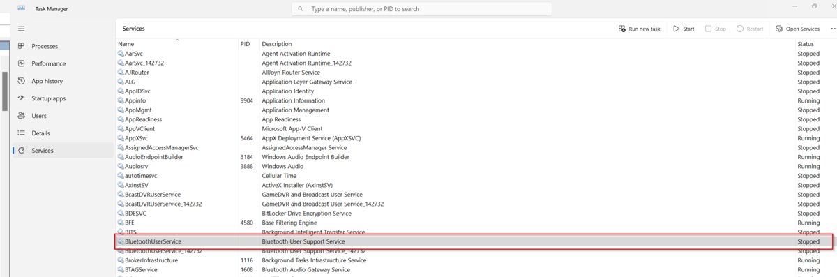 Bluetooth support service in the Task Manager Services tab with one row highlighted
