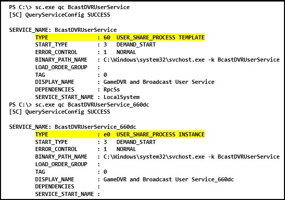 Bluetooth user support service per-user template and instance types in sc.exe output