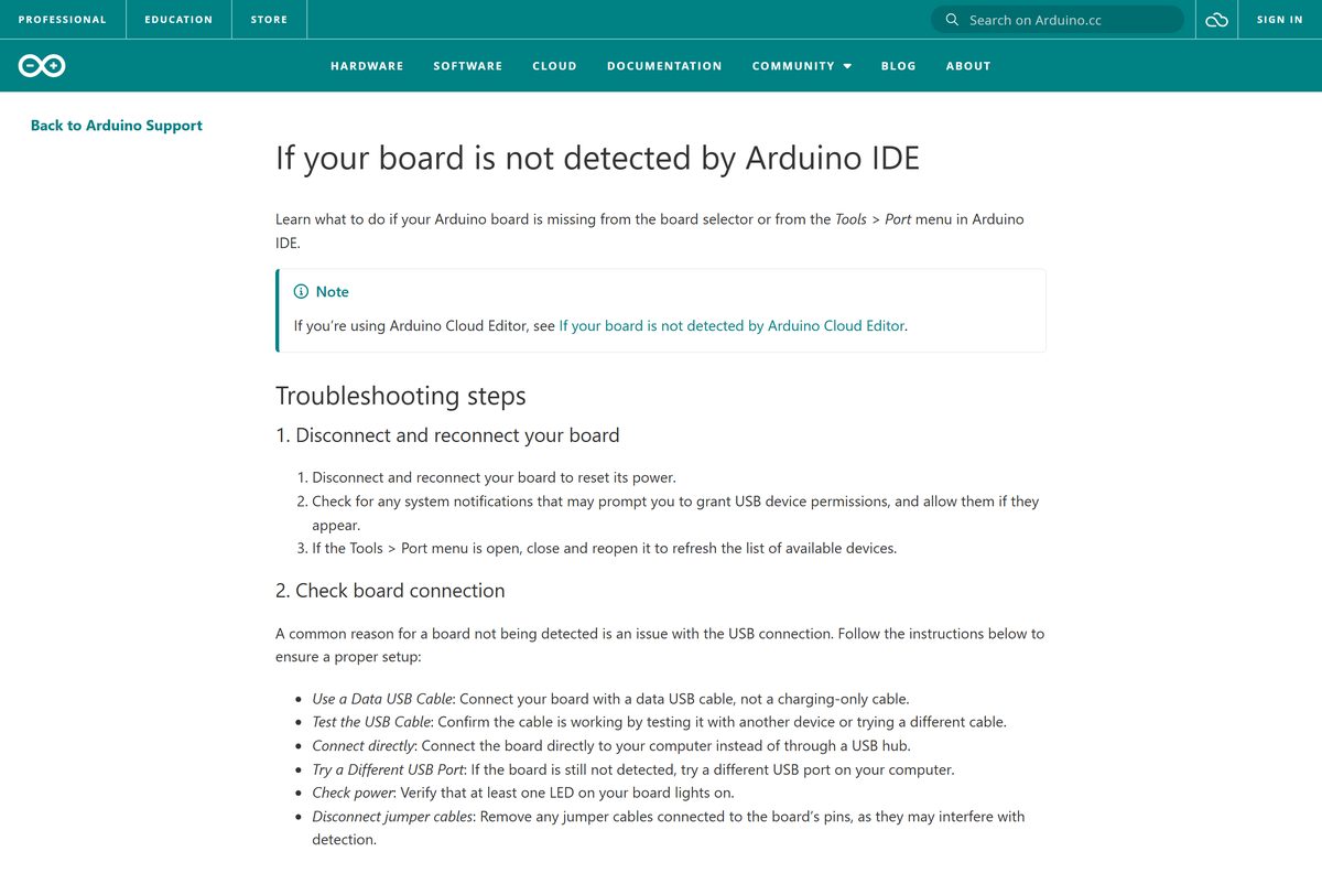 Troubleshooting page listing checks for a board missing from the port menu