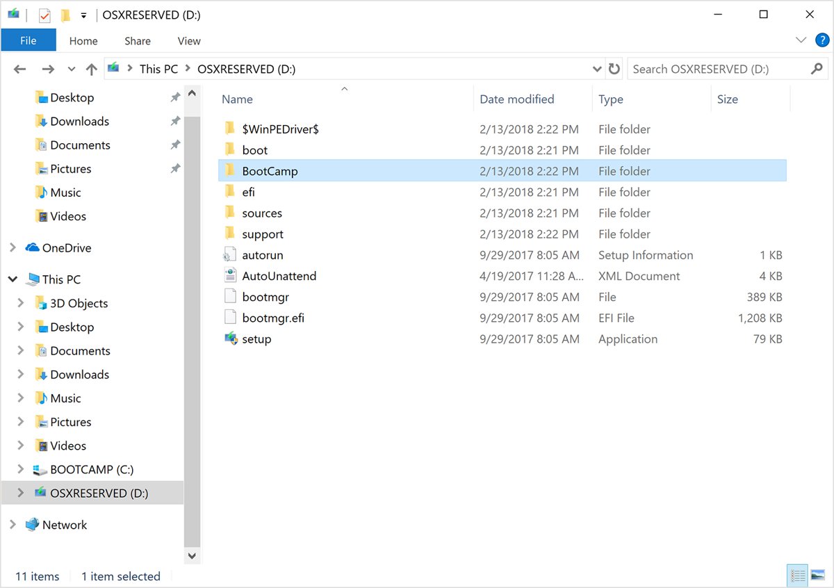 Boot Camp installer BootCamp folder on the OSXRESERVED partition in File Explorer