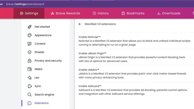 Brave Manifest V2 extensions page with an Enable uBlock Origin toggle