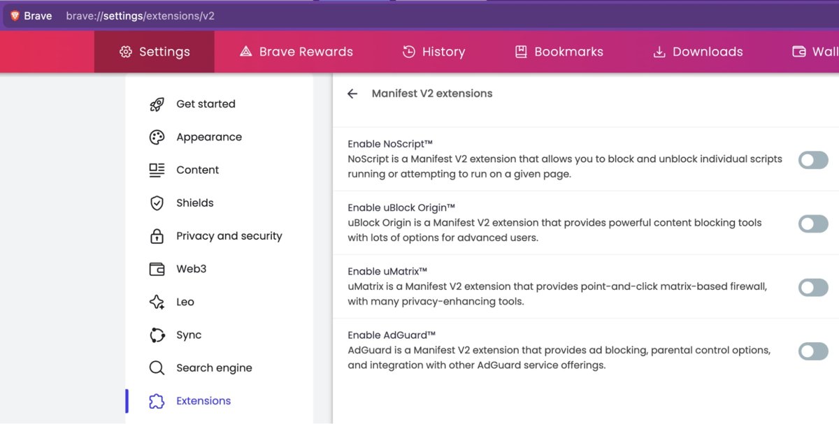 Brave Manifest V2 extensions page with an Enable uBlock Origin toggle