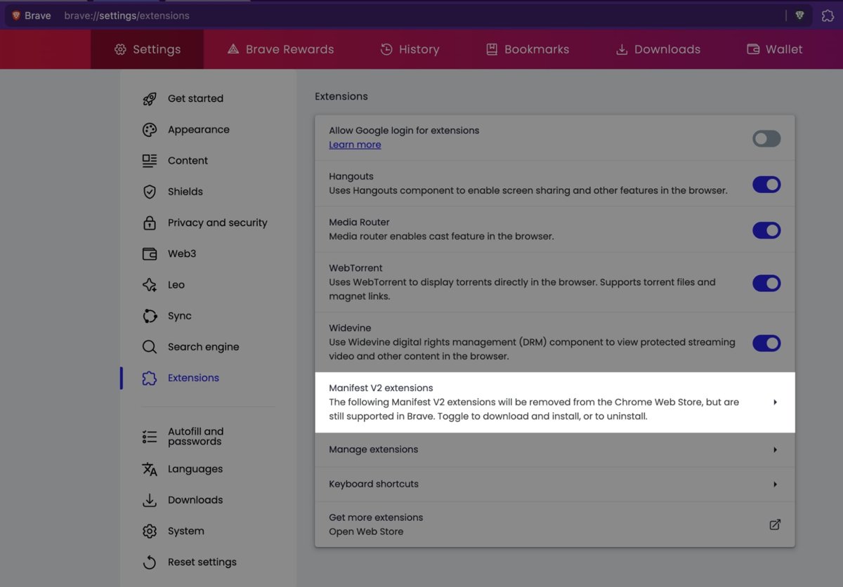 Brave Settings Extensions page highlighting the Manifest V2 extensions entry