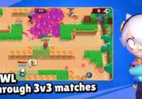 Brawl Stars 3v3 match on a desert map with a brawler beside it