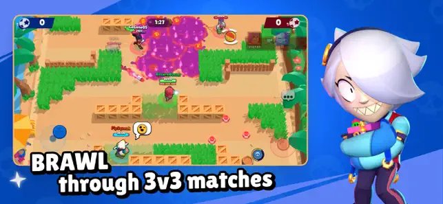 Brawl Stars 3v3 match on a desert map with a brawler beside it