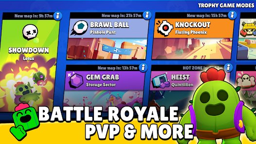 Brawl Stars trophy game modes menu with Showdown, Brawl Ball and Gem Grab