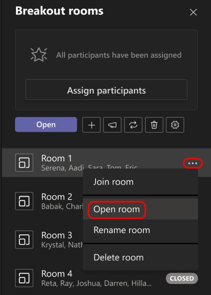 Breakout rooms panel with the More options menu open on Room 1