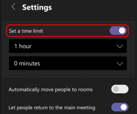 Breakout rooms settings panel with Set a time limit switched on