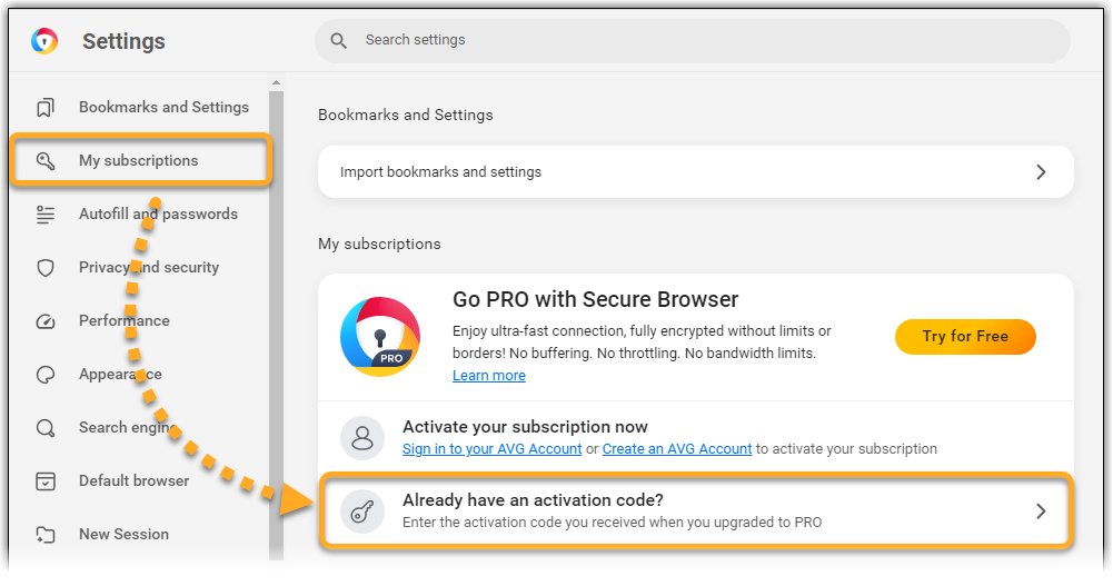 Browser Settings open on My subscriptions with the Go PRO tile