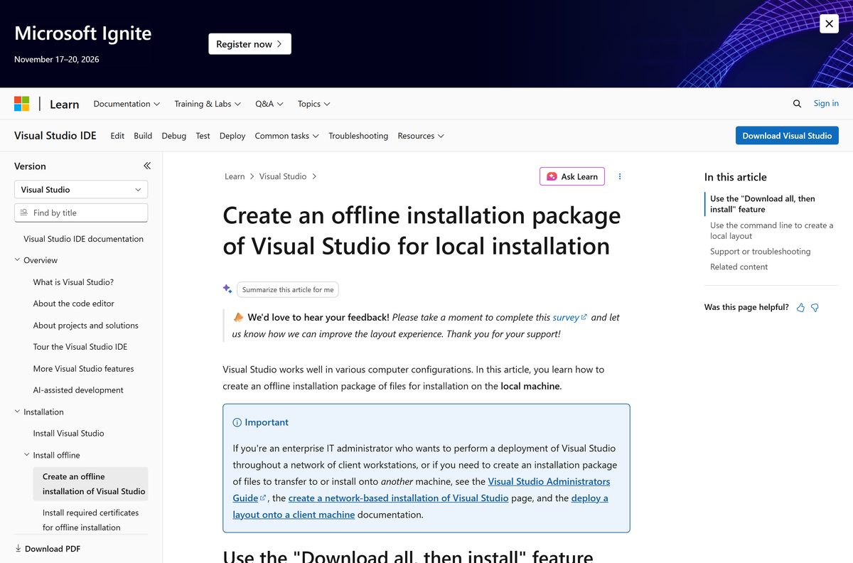 Microsoft Learn page explaining how to create a local installation layout