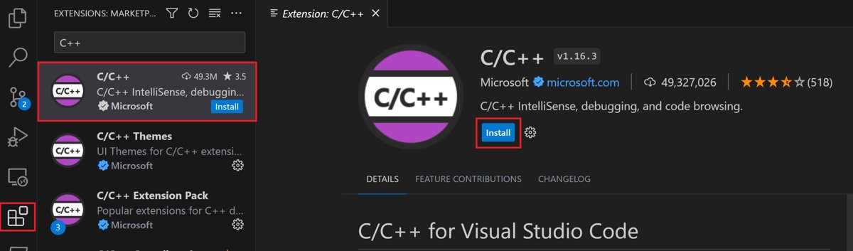 C++ editor for beginners: VS Code C/C++ extension by Microsoft in Extensions view