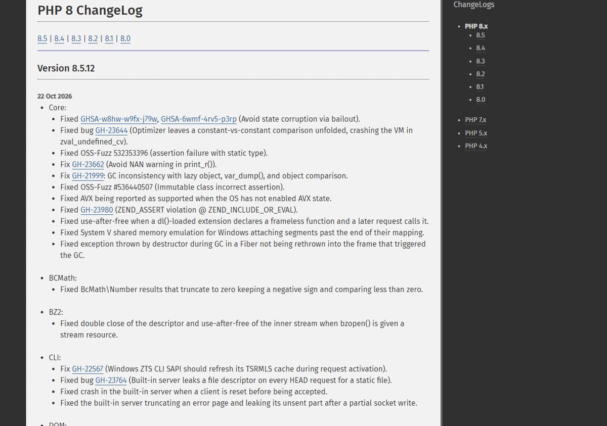 CVE-2026-109619 fixed version 8.5.12 in the PHP 8 ChangeLog Core section
