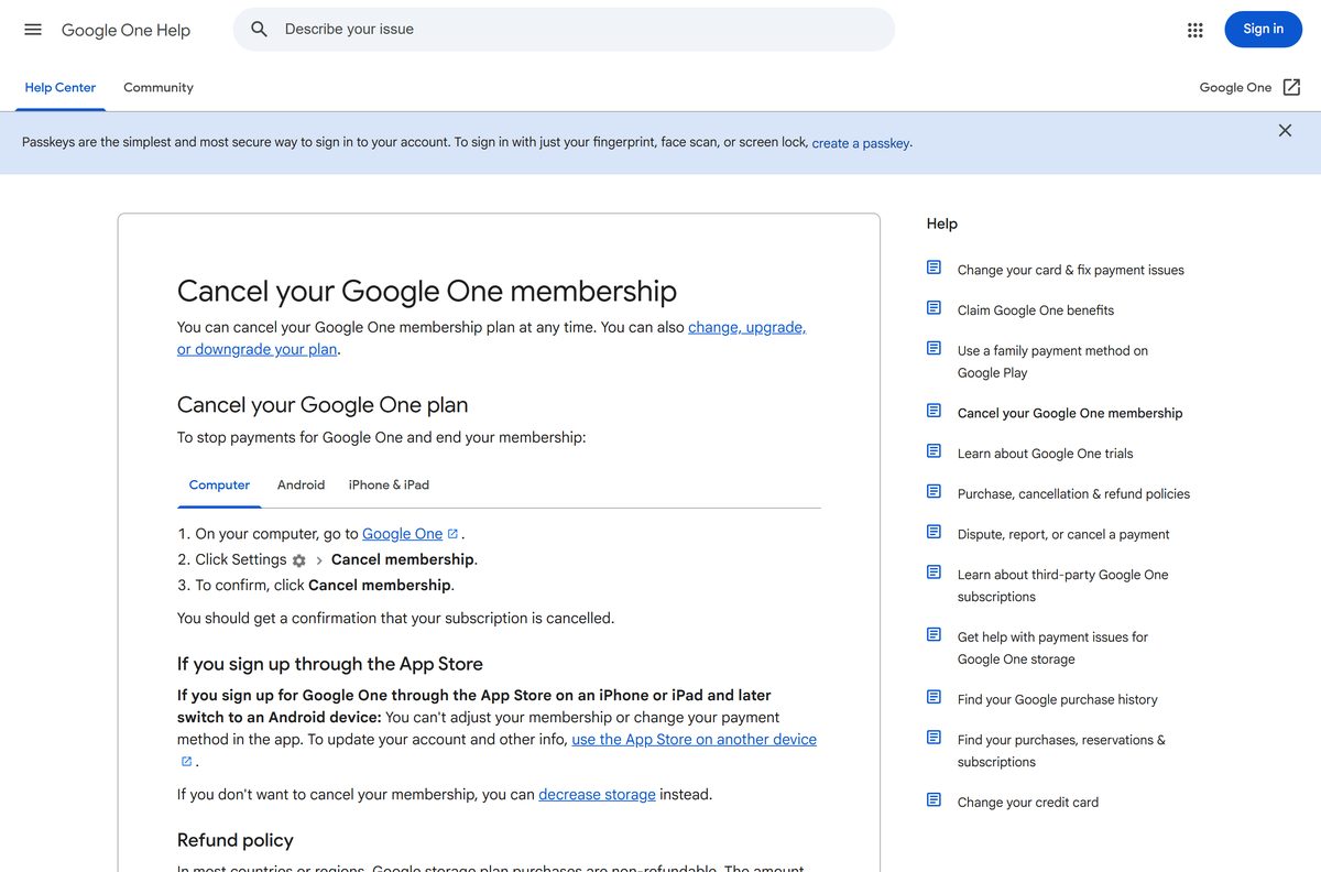 Google help page on cancelling a Google One membership