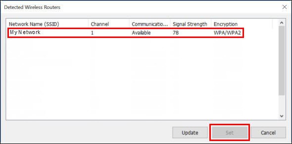 Canon printer missing after a router change: Detected Wireless Routers list with Set button