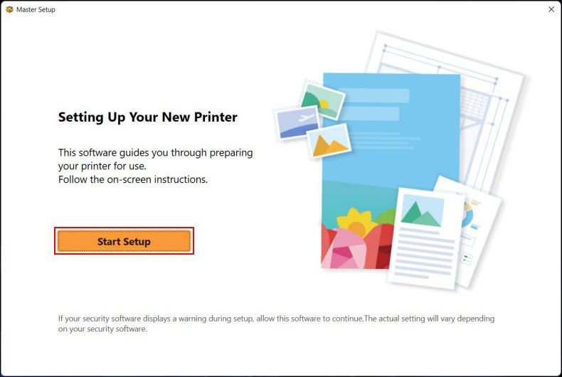 Canon printer software for laptop setup: Master Setup window with Start Setup button
