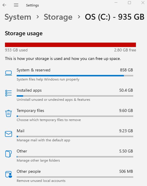 Capability Access Manager disk space problems: Windows 11 drive C: almost full