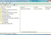 Certificate Manager listing Current User stores with a Contoso test certificate