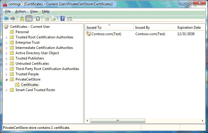 Certificate Manager listing Current User stores with a Contoso test certificate