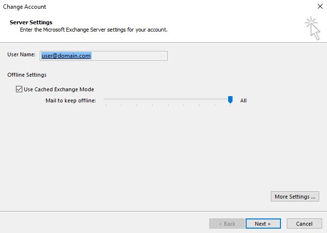 Change Account dialog with Cached Exchange Mode on and the slider at All