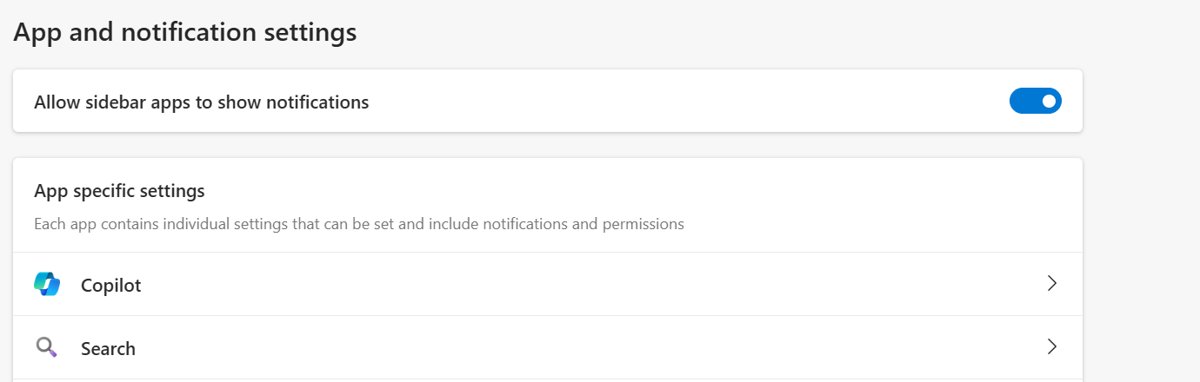 Change Copilot settings in Microsoft Edge: sidebar app and notification settings listing Copilot