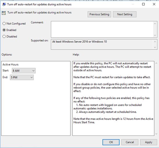 Change active hours in Windows 10: auto-restart policy with start and end times