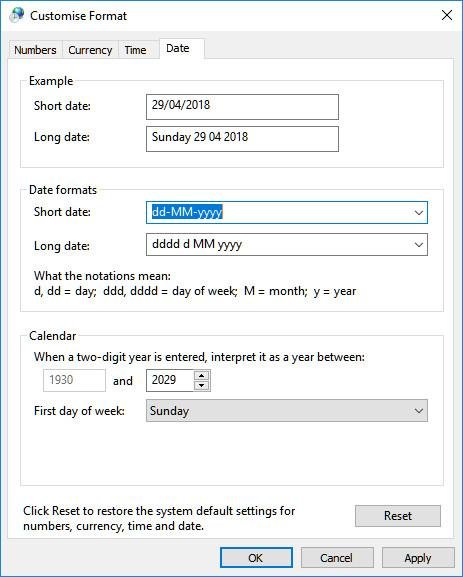 Change date format in Windows 10 on the Customize Format Date tab