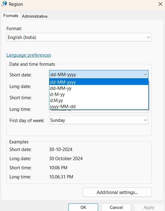 Change date format using Control Panel Region dialog Short date list