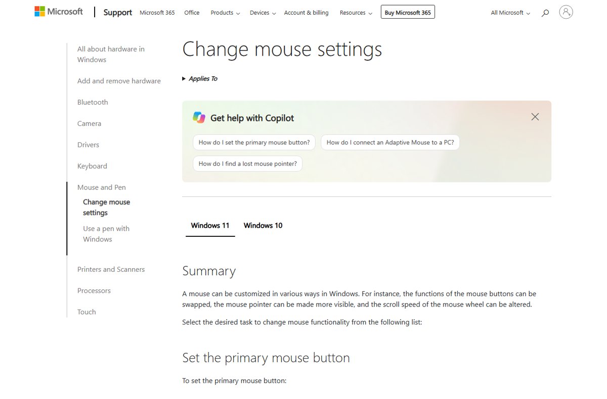 Change scroll direction with mouse settings in Windows, Change mouse settings page