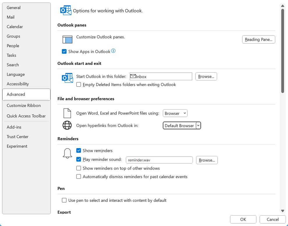Change the Outlook navigation pane with Show Apps in Outlook under Advanced options