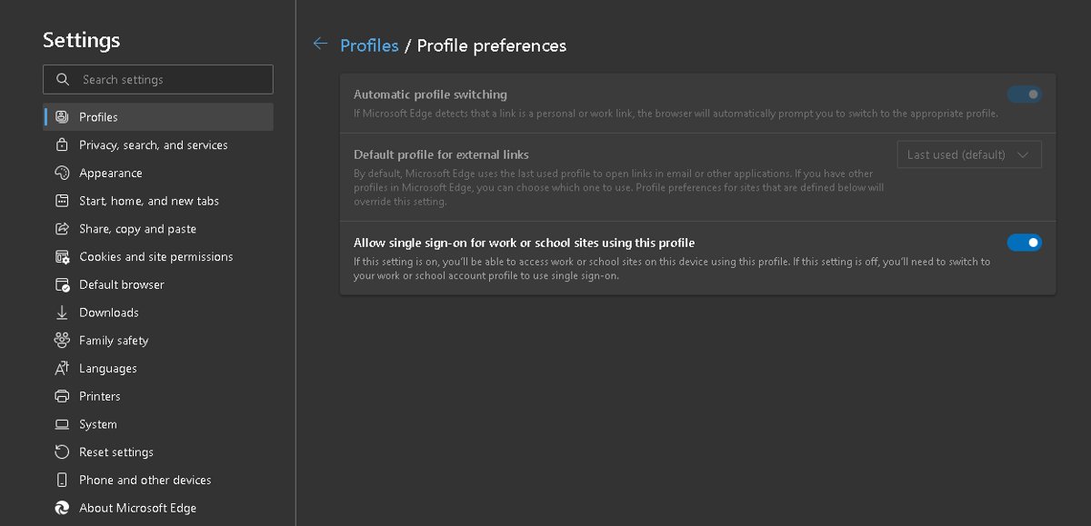 Change the default Edge profile for external links in Profile preferences