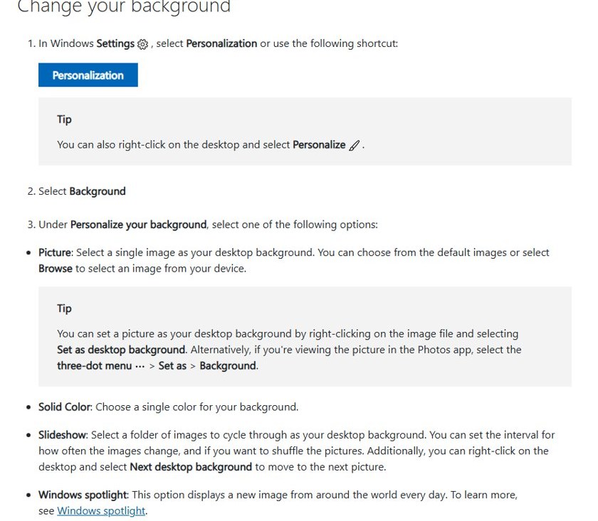 Change your background steps with Picture, Slideshow and Windows spotlight options