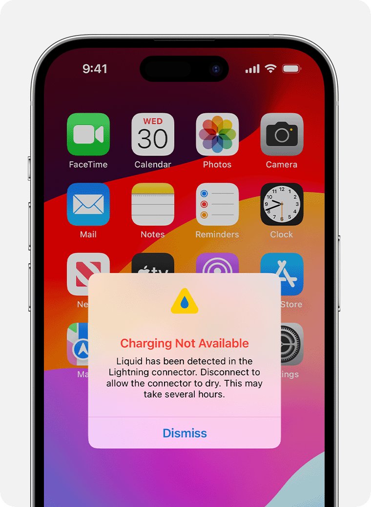 Charging Not Available alert saying liquid was detected in the connector