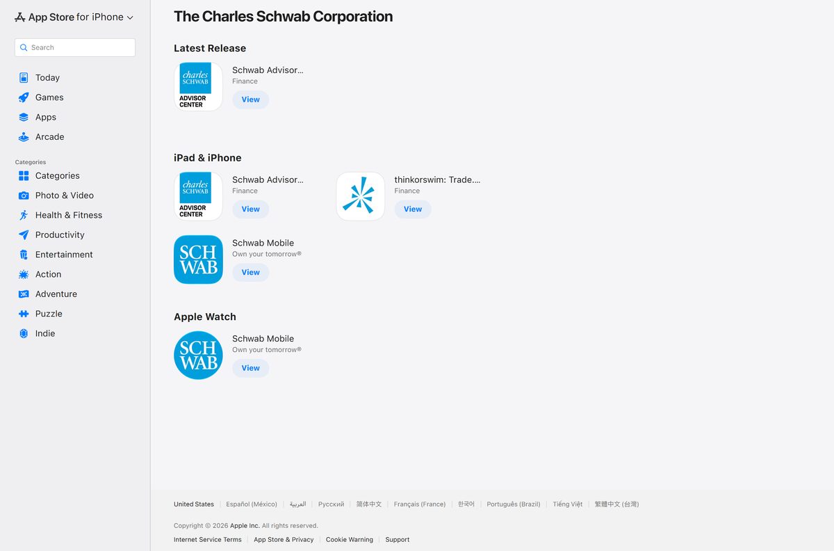 App Store developer page listing every Charles Schwab app including thinkorswim