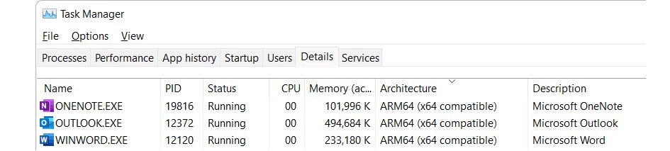 Check ARM vs x64 app architecture on Snapdragon in Task Manager Details