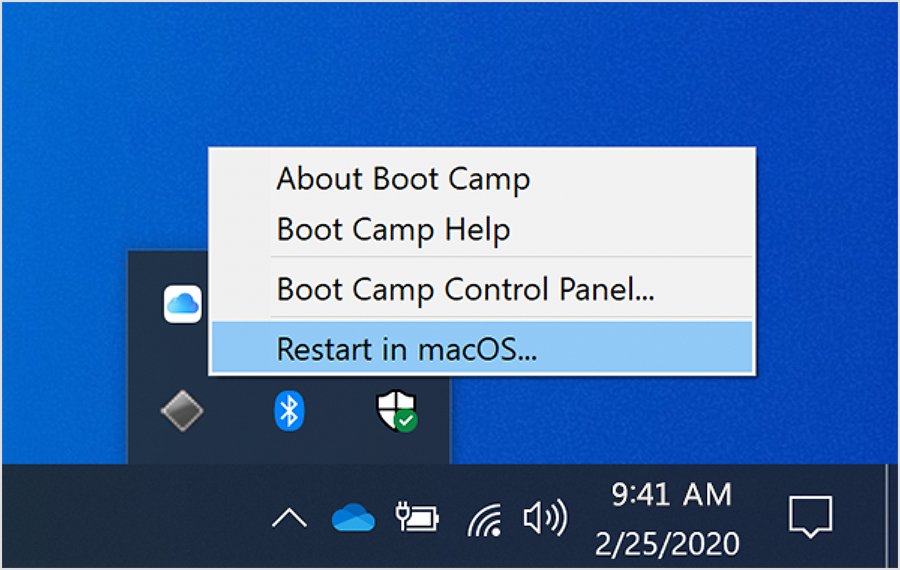 Check Boot Camp Windows 10 drivers from the taskbar Boot Camp menu